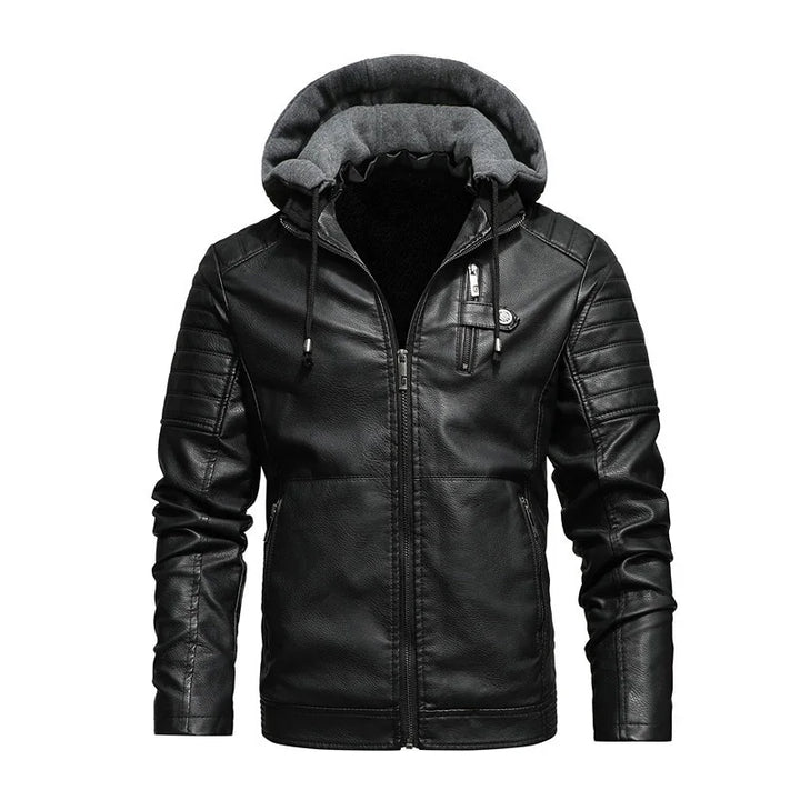 Maxulla Winter Men's Leather Jacket Mens Fleece Motorcycle Hooded Jackets Casual Outwear Thermal Leather Jackets Men Clothing