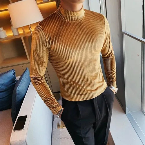 New Gold Velvet T Shirt Men Clothing 2024 Autumn and Winter Fashion Luxury Prom Party Long-sleeved Striped Pullover Homme 4XL-S