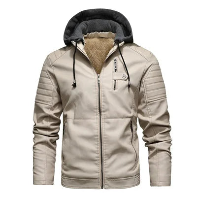 Maxulla Winter Men's Leather Jacket Mens Fleece Motorcycle Hooded Jackets Casual Outwear Thermal Leather Jackets Men Clothing