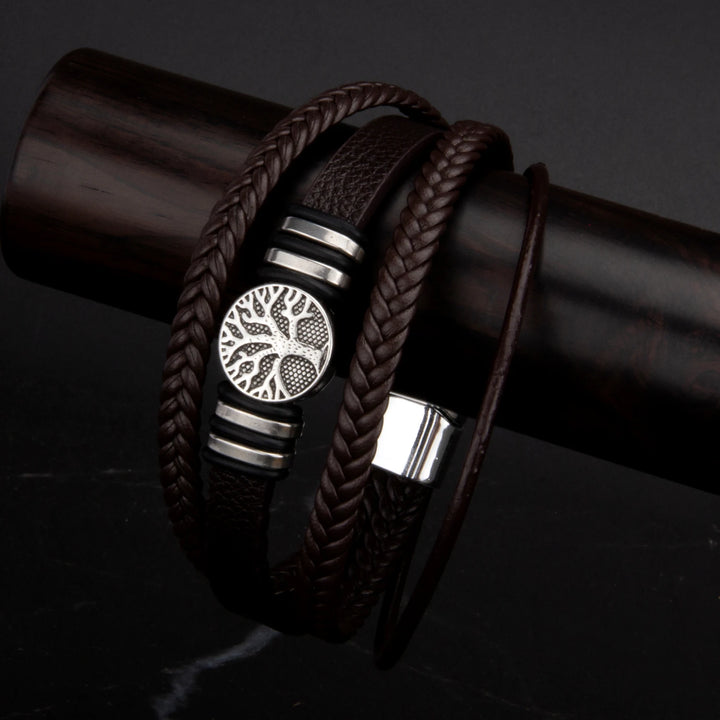 3 Color Woven Leather Man Bracelets Hand-woven Multi-layer Bracelet For Man Black Brown Rope Male Tree Bangle Punk Zinc Alloy