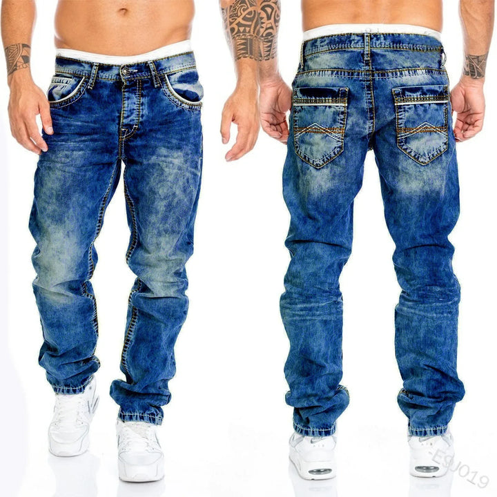 Distressed Straight Pants Men Jeans Denim Pockets Punk Style Ankle Length Mid Waist Wash Slim Fit Zipper Fly Skinny Vintage