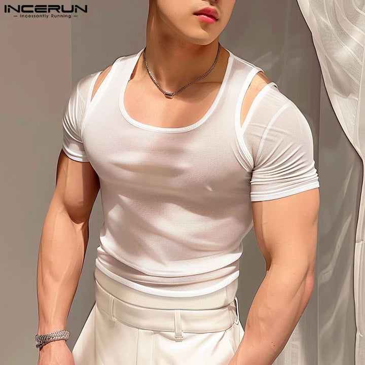 INCERUN Men T Shirt Mesh Transparent Hollow Out Solid O-neck Sleeveless Men Clothing Summer Streetwear 2024 Fashion Tee Tops