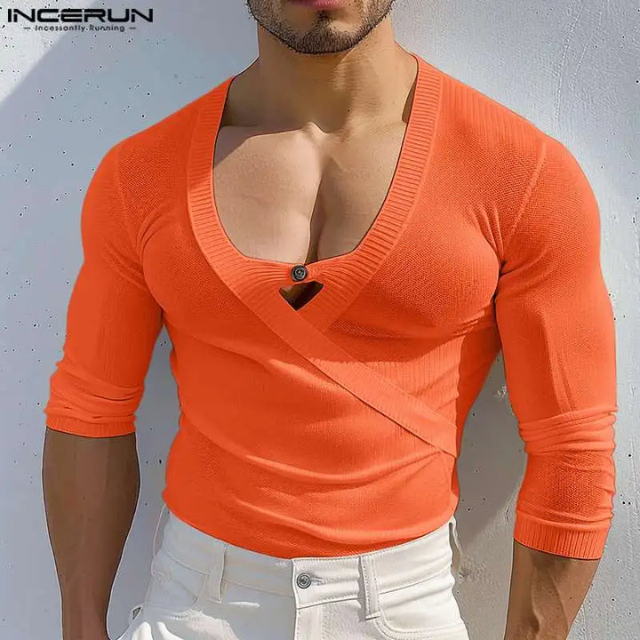 INCERUN Tops 2024 American Style Fashion Men Knitted V-neck T-shirts Casual Street Sexy Hollow Solid Long Sleeved Camiseta S-5XL