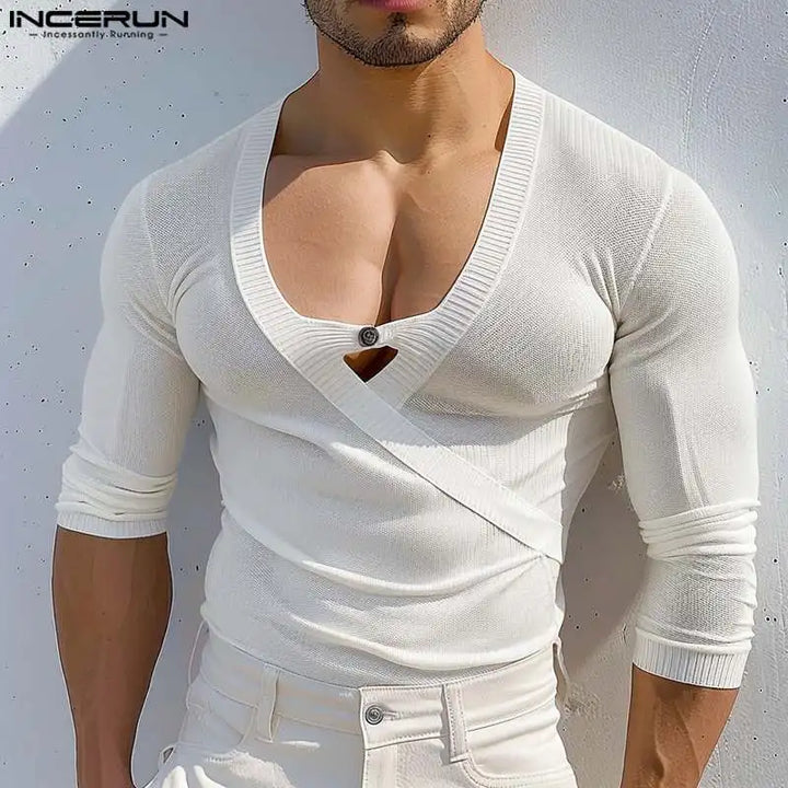 INCERUN Tops 2024 American Style Fashion Men Knitted V-neck T-shirts Casual Street Sexy Hollow Solid Long Sleeved Camiseta S-5XL