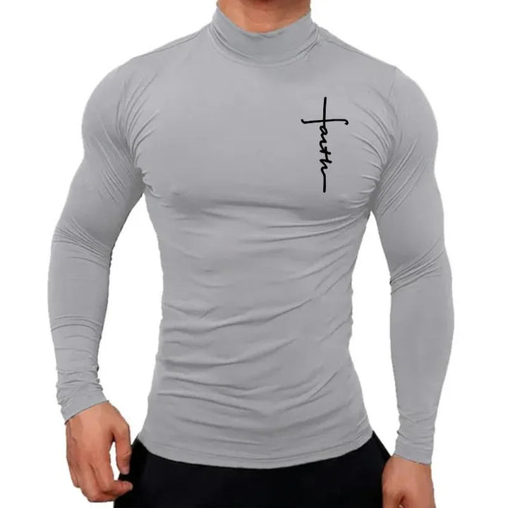 New Fashion Mens High Collar Long Sleeve T Shirt, Men's Fitness Workout Shirt Gym Training Tops Muscle Tees, Faith Graphic Tee