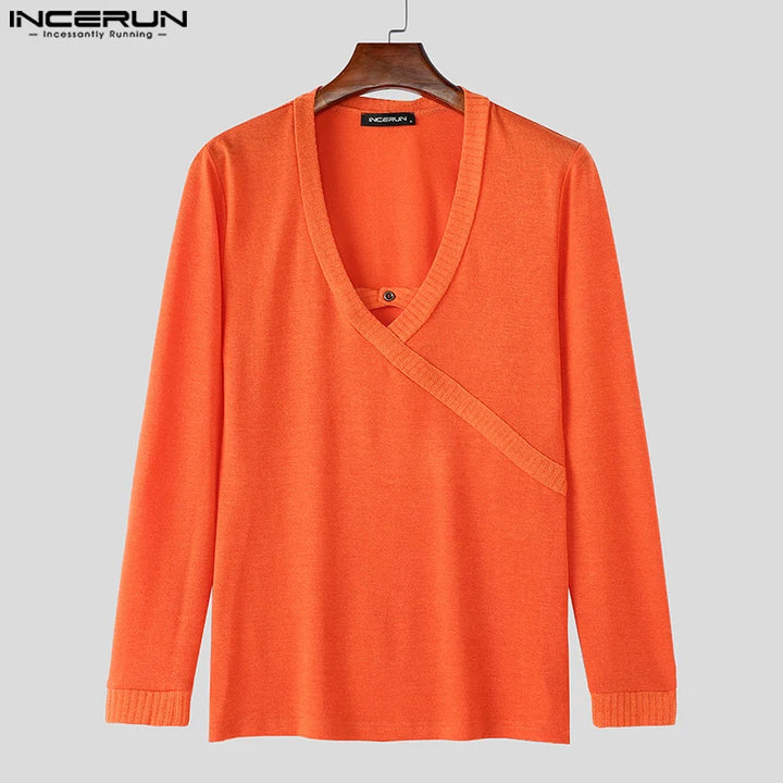 INCERUN Tops 2024 American Style Fashion Men Knitted V-neck T-shirts Casual Street Sexy Hollow Solid Long Sleeved Camiseta S-5XL