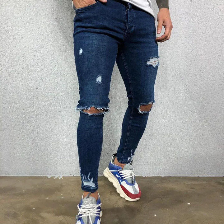 Fashion Street Style Knee Ripped Skinny Jeans Men Vintage Wash Solid Denim Trouser Mens Casual Slim Jogging Pants Men Clothes