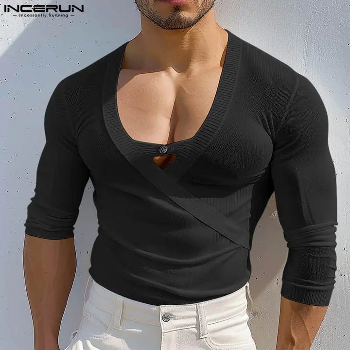 INCERUN Tops 2024 American Style Fashion Men Knitted V-neck T-shirts Casual Street Sexy Hollow Solid Long Sleeved Camiseta S-5XL