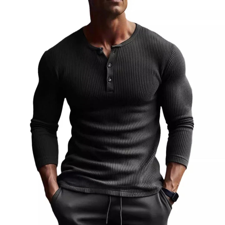 Men Tops T Shirts Full Sleeve V Neck Casual Regular Top Solid Button Splice Sheath Tees Simple Slim Fit Autumn Winter 2024