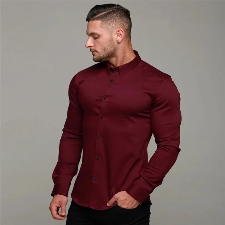 Men's Long Sleeve Super Slim Fit Plain Casual Shirt Spring Autumn Winter High Quality Turn Down Collar Business Dress Shirt Men