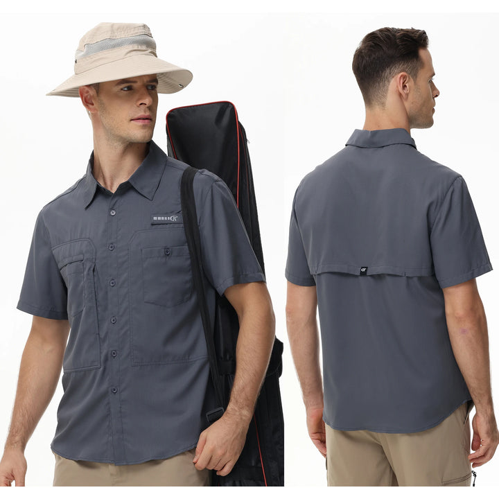 Men's Fishing Shirts UPF 50+ Short Sleeve Casual Cargo Hiking Shirt Breathable Button Down Tactical Shirts Men's Blouse Outdoor