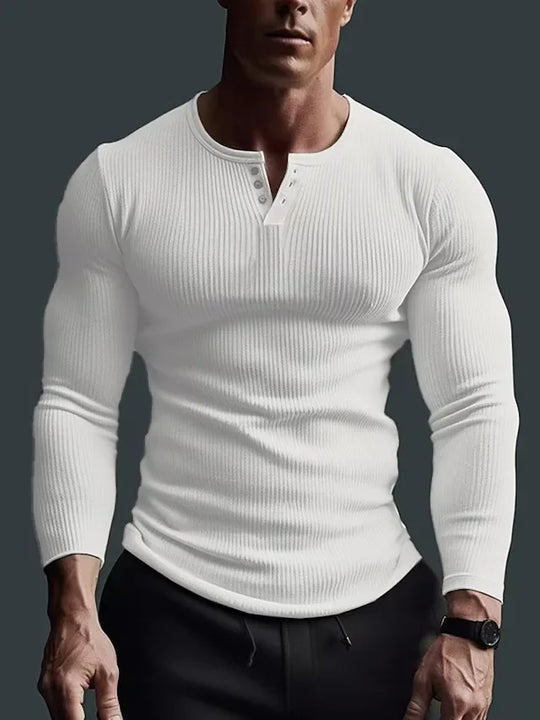 Men Tops T Shirts Full Sleeve V Neck Casual Regular Top Solid Button Splice Sheath Tees Simple Slim Fit Autumn Winter 2024