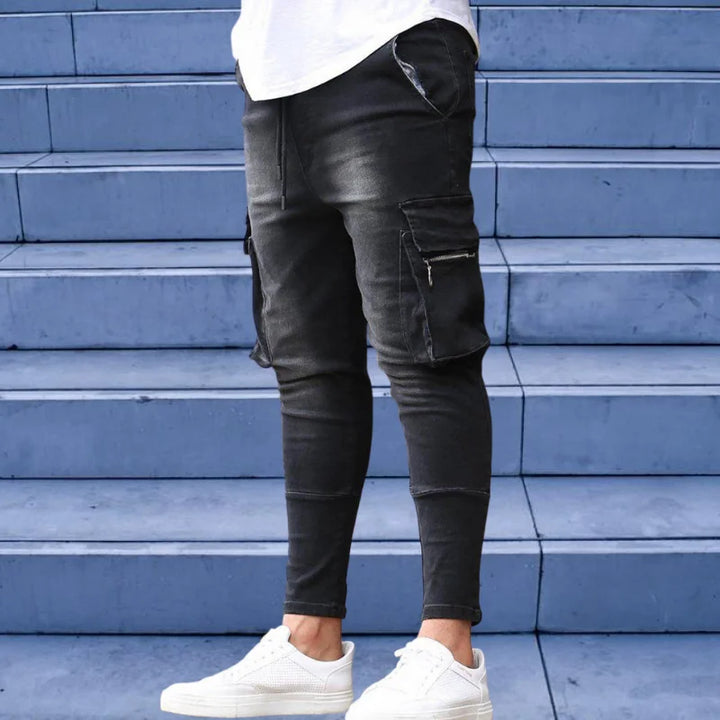 Stretch Jeans for Men Black Big Side Pockets Cargo Male Jeans Fashion Zipper Small Foot Denim Pants Elastic Jogging Trousers