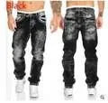 Distressed Straight Pants Men Jeans Denim Pockets Punk Style Ankle Length Mid Waist Wash Slim Fit Zipper Fly Skinny Vintage