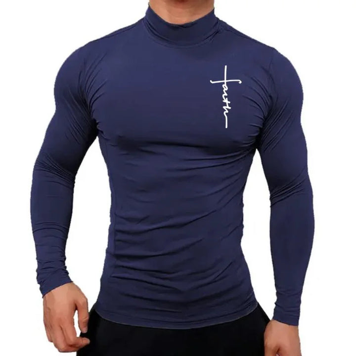 New Fashion Mens High Collar Long Sleeve T Shirt, Men's Fitness Workout Shirt Gym Training Tops Muscle Tees, Faith Graphic Tee