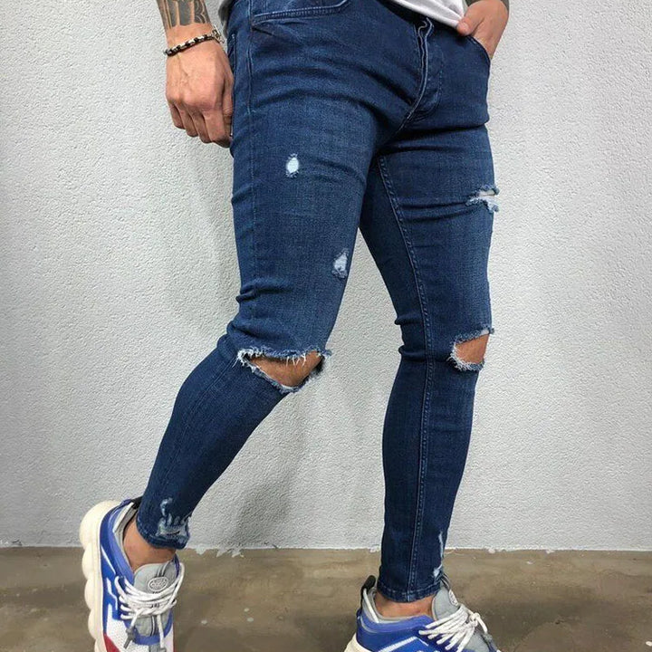 Fashion Street Style Knee Ripped Skinny Jeans Men Vintage Wash Solid Denim Trouser Mens Casual Slim Jogging Pants Men Clothes