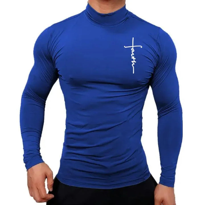 New Fashion Mens High Collar Long Sleeve T Shirt, Men's Fitness Workout Shirt Gym Training Tops Muscle Tees, Faith Graphic Tee