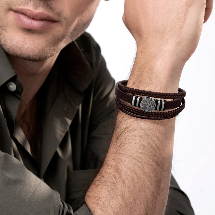 3 Color Woven Leather Man Bracelets Hand-woven Multi-layer Bracelet For Man Black Brown Rope Male Tree Bangle Punk Zinc Alloy