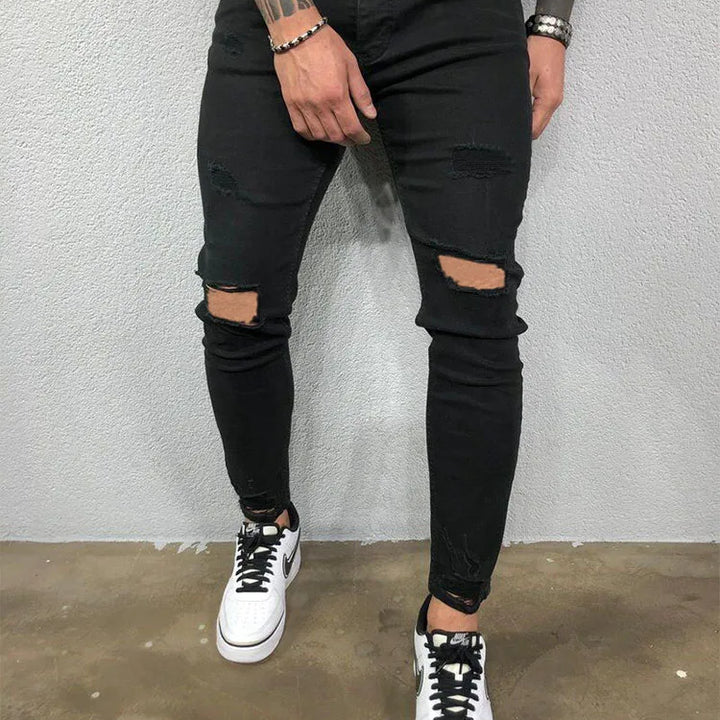 Fashion Street Style Knee Ripped Skinny Jeans Men Vintage Wash Solid Denim Trouser Mens Casual Slim Jogging Pants Men Clothes