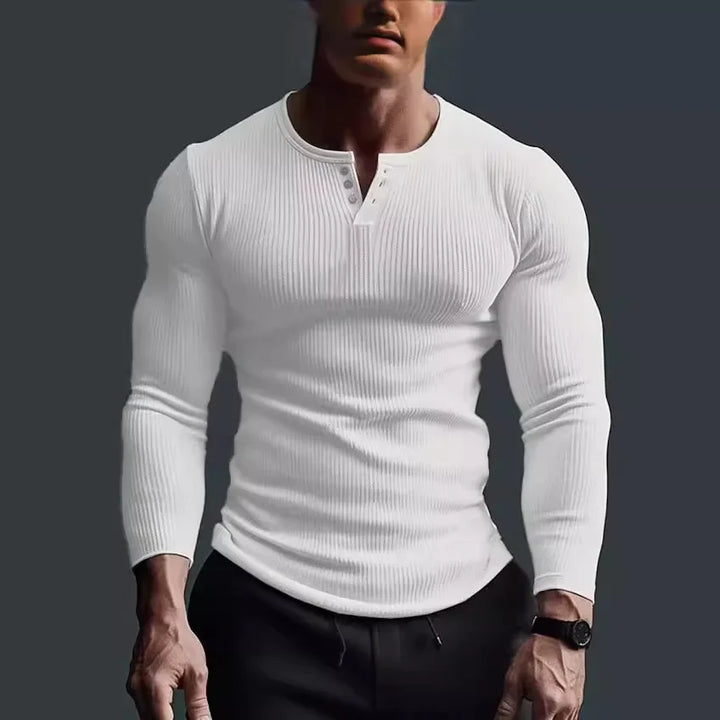 Men Tops T Shirts Full Sleeve V Neck Casual Regular Top Solid Button Splice Sheath Tees Simple Slim Fit Autumn Winter 2024