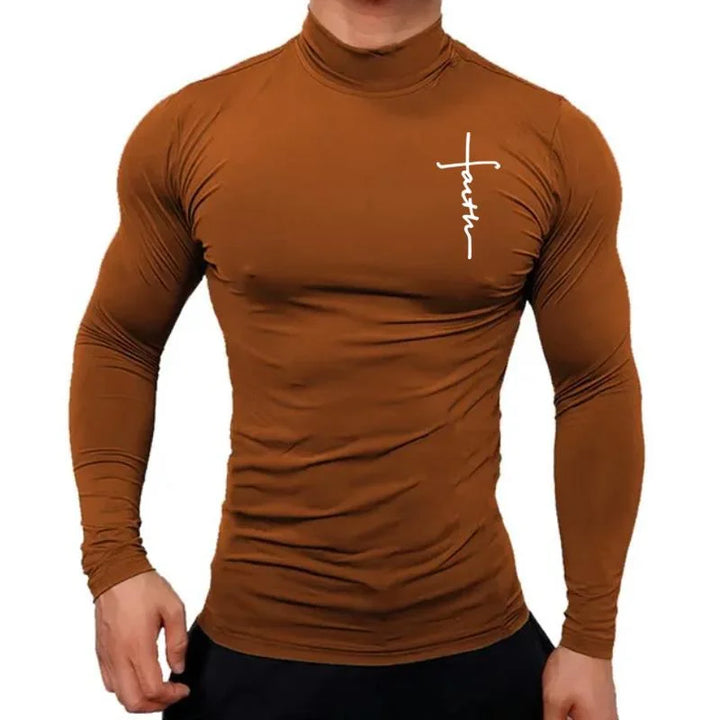 New Fashion Mens High Collar Long Sleeve T Shirt, Men's Fitness Workout Shirt Gym Training Tops Muscle Tees, Faith Graphic Tee