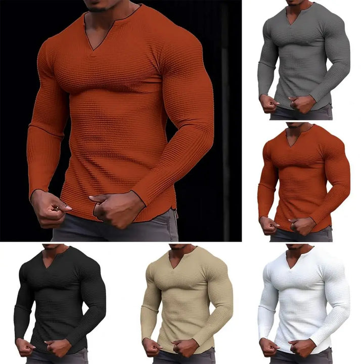 Winter Autumn Solid Color Slim Long Sleeve T-shirt Men's Small V-neck Breathable Sports Coat Waffle Cotton Casual Long Sleeve