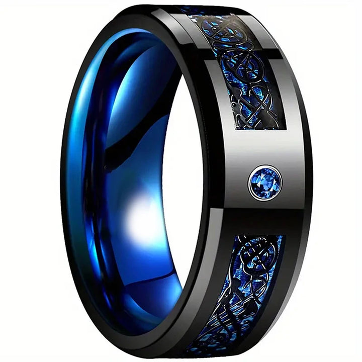 Tungsten Carbide Ring 8mm Men and Women Wedding Engagement Ring Blue Carbon Fiber Zircon Inlaid Dragon Pattern Daily Date Wear