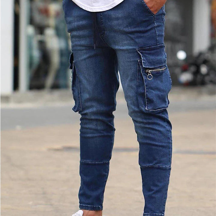 Stretch Jeans for Men Black Big Side Pockets Cargo Male Jeans Fashion Zipper Small Foot Denim Pants Elastic Jogging Trousers