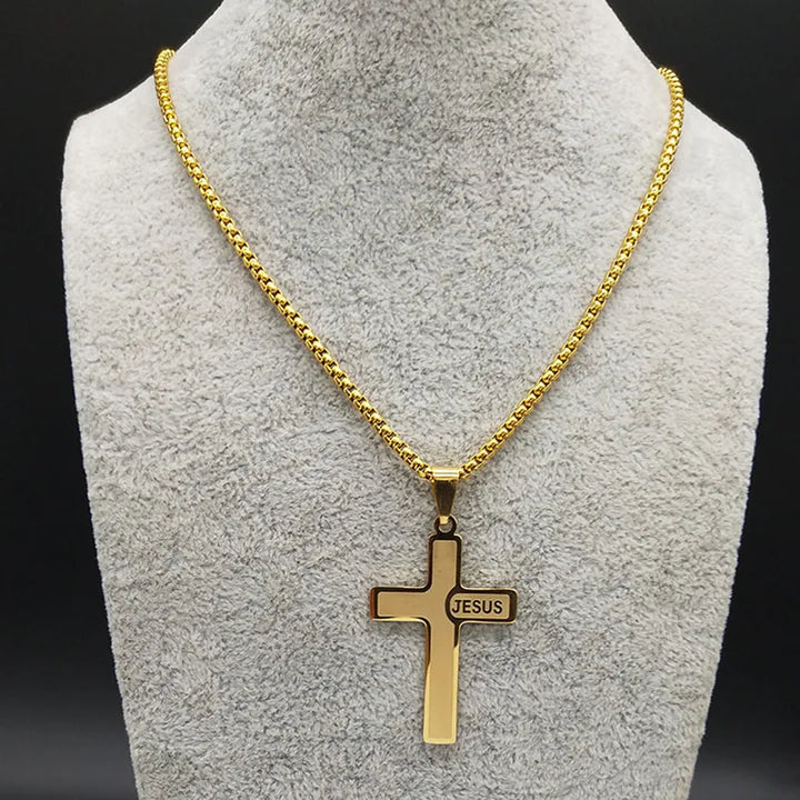 HNSP Stainless Steel Jesus Cross Pendant Chain Necklace For Men Women Jewelry Catholic Crucifixes Rosaries Accessories