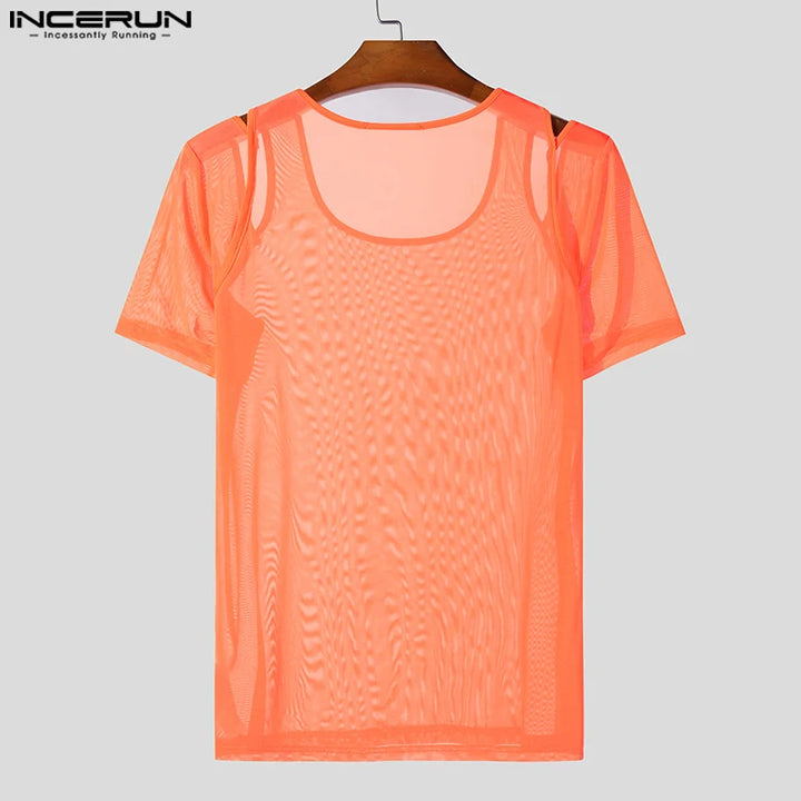 INCERUN Men T Shirt Mesh Transparent Hollow Out Solid O-neck Sleeveless Men Clothing Summer Streetwear 2024 Fashion Tee Tops