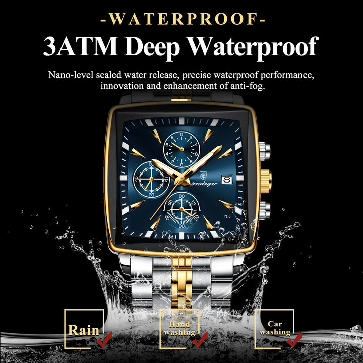 POEDAGAR Luxury Business Man Wristwatch Chronograph Waterproof Luminous Calendar Watch For Men Square Quartz Men's Watches Reloj