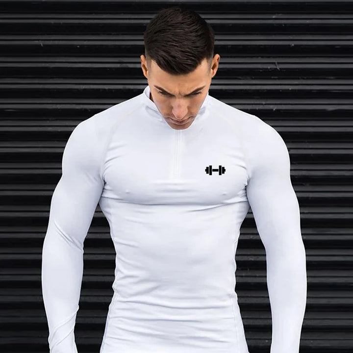 Mens Dumbbel Compression Fitness Long Sleeve Polo Shirts Running T-shirts Tight Jogging Gym Sportswear Quick Dry Rashgard