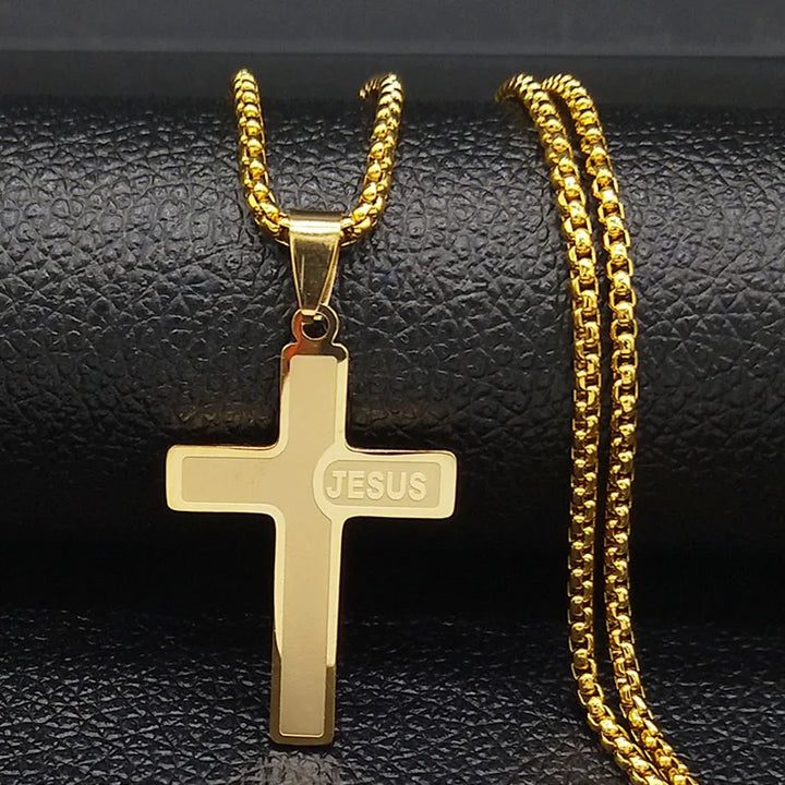 HNSP Stainless Steel Jesus Cross Pendant Chain Necklace For Men Women Jewelry Catholic Crucifixes Rosaries Accessories