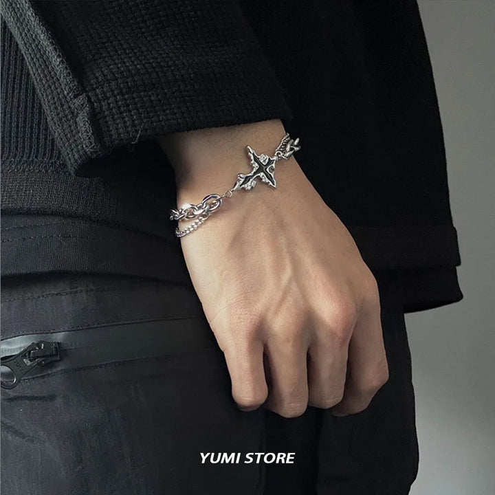 Retro Flame Cross Bracelet For Men Woman Hip Hop Titanium Steel Splice Chain Charm Unisex Jewelry Cool Kpop Luxury Accessories