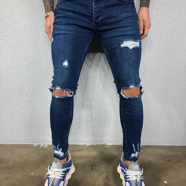 Fashion Street Style Knee Ripped Skinny Jeans Men Vintage Wash Solid Denim Trouser Mens Casual Slim Jogging Pants Men Clothes