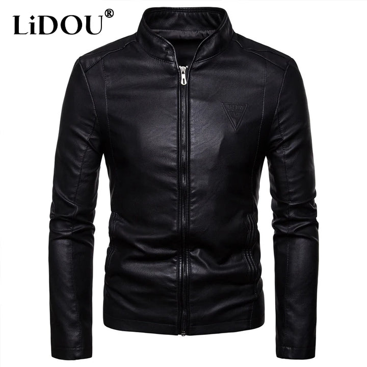 2023 Autumn Winter New Solid Color Fashion Long Sleeve Faux Leather Man High Street Round Neck Zipper Pockets All-match Coat