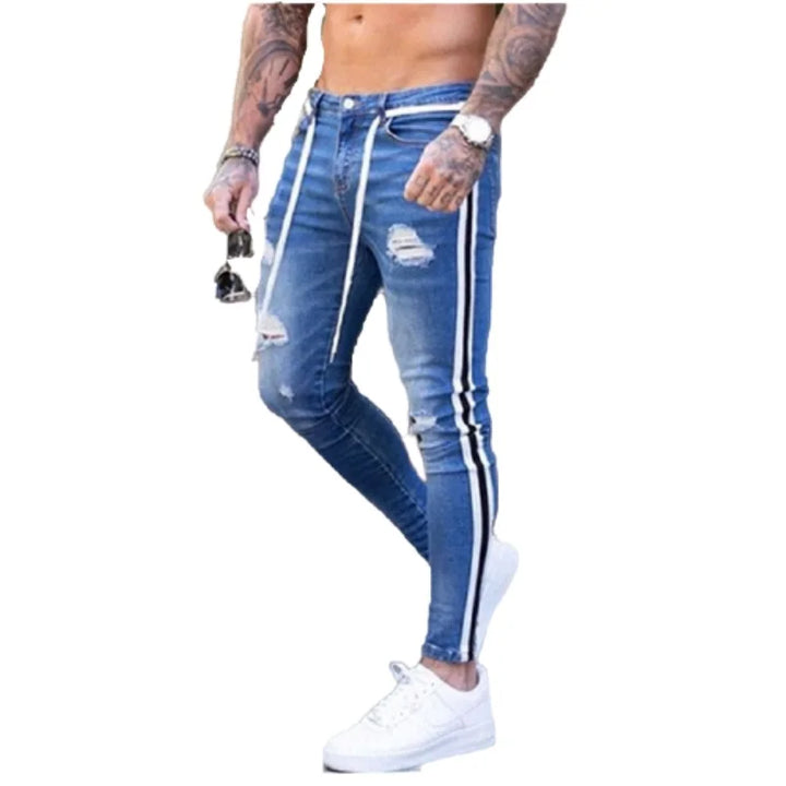 Fashion Street Style Knee Ripped Skinny Jeans Men Vintage Wash Solid Denim Trouser Mens Casual Slim Jogging Pants Men Clothes