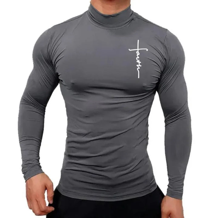 New Fashion Mens High Collar Long Sleeve T Shirt, Men's Fitness Workout Shirt Gym Training Tops Muscle Tees, Faith Graphic Tee