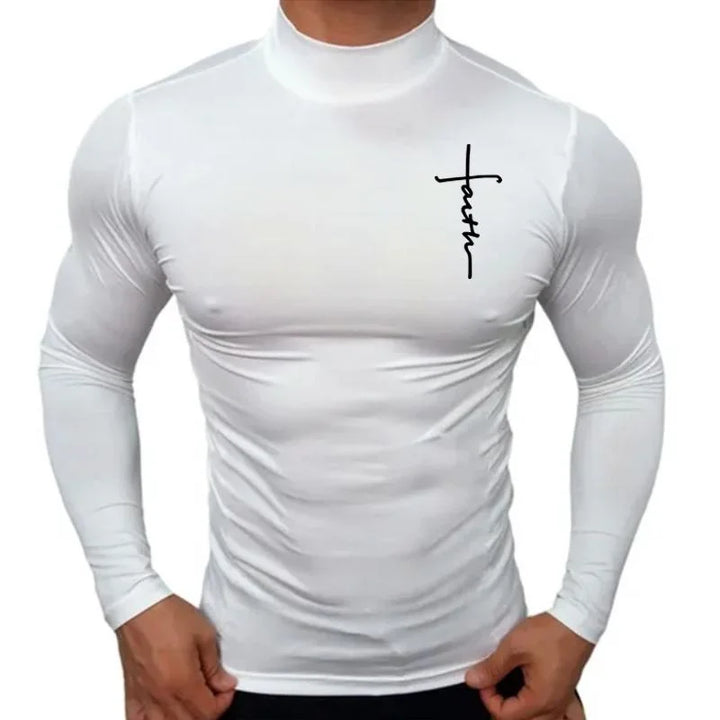 New Fashion Mens High Collar Long Sleeve T Shirt, Men's Fitness Workout Shirt Gym Training Tops Muscle Tees, Faith Graphic Tee