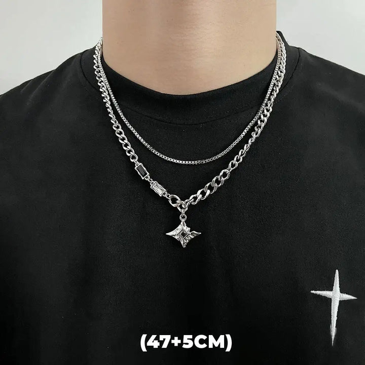 Hip Hop Zircon Star Double Layer Necklace For Men Women Trend Charm Titanium Steel Pendant Chain Unisex Jewelry Wholesale