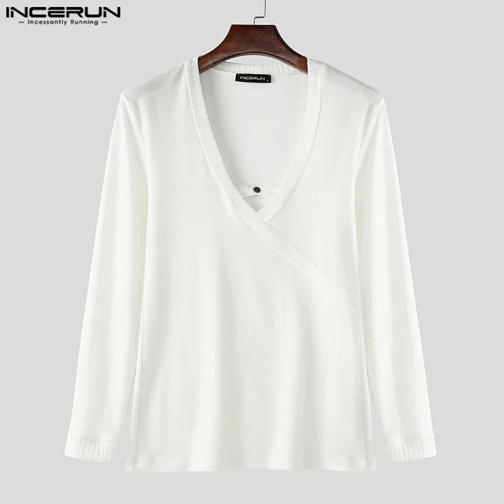 INCERUN Tops 2024 American Style Fashion Men Knitted V-neck T-shirts Casual Street Sexy Hollow Solid Long Sleeved Camiseta S-5XL