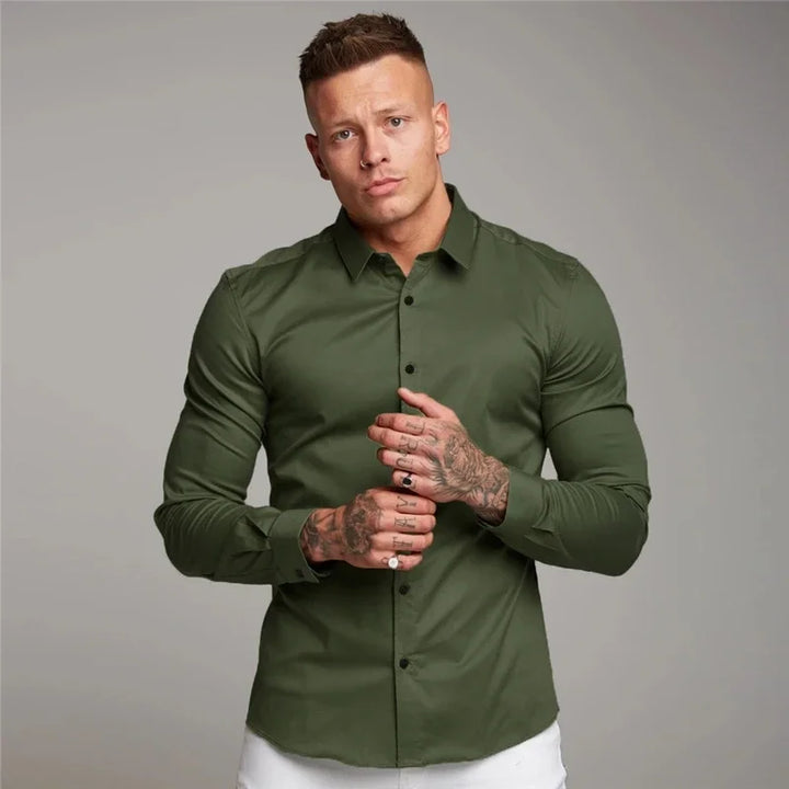 Men's Long Sleeve Super Slim Fit Plain Casual Shirt Spring Autumn Winter High Quality Turn Down Collar Business Dress Shirt Men