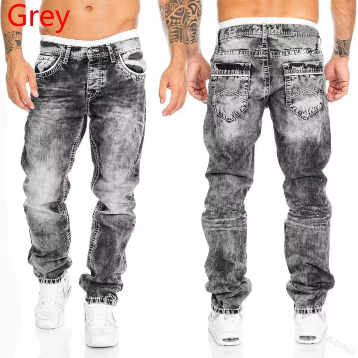 Distressed Straight Pants Men Jeans Denim Pockets Punk Style Ankle Length Mid Waist Wash Slim Fit Zipper Fly Skinny Vintage