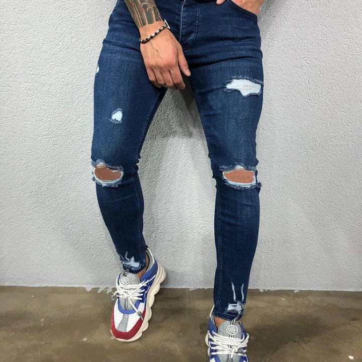 Fashion Street Style Knee Ripped Skinny Jeans Men Vintage Wash Solid Denim Trouser Mens Casual Slim Jogging Pants Men Clothes